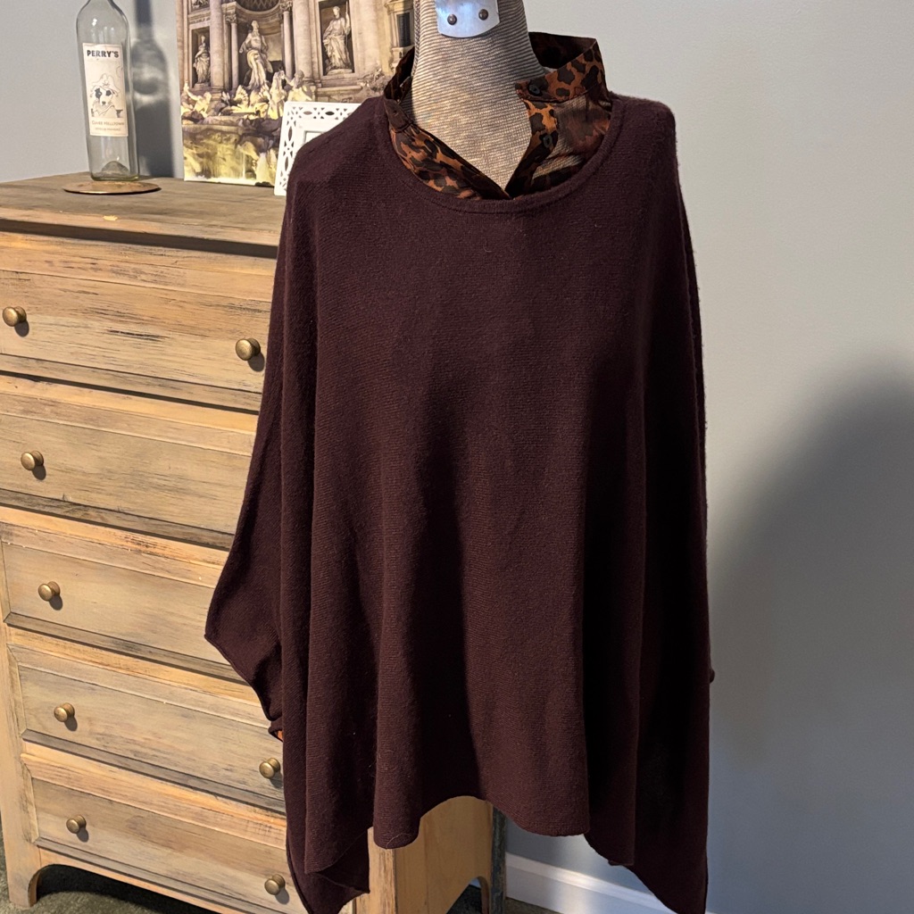 Joie Dark Maroon 100% 2ply Cashmere Poncho Style Sweater